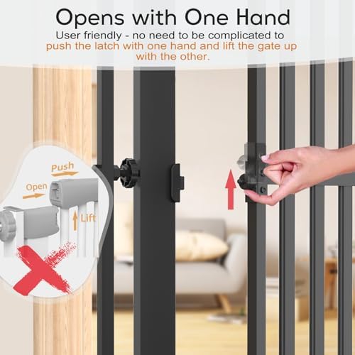 Senneny metal pet gate black showing the one hand open latch mechanism.