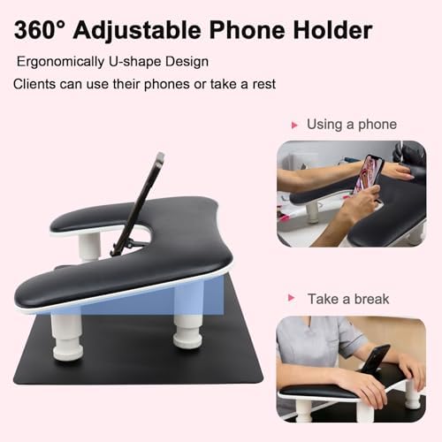 Black adjustable U-shaped manicure hand stand with phone holder