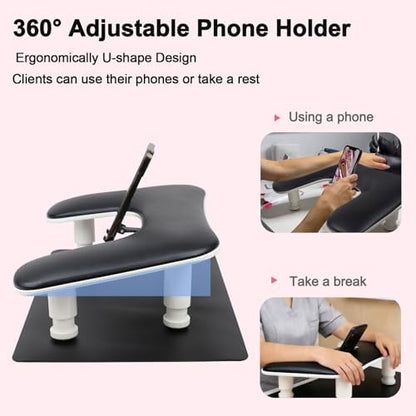 Black adjustable U-shaped manicure hand stand with phone holder
