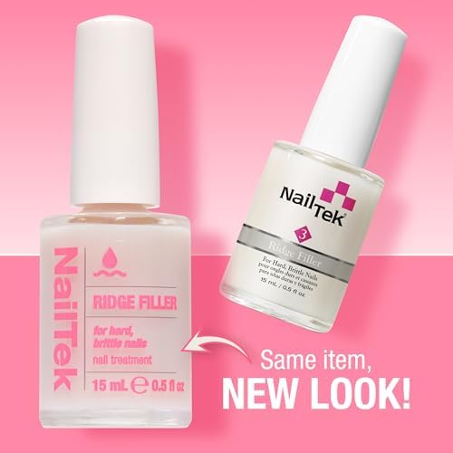 Side profile of Nail Tek ridge filler zero point five fluid ounce bottle illustrating clear liquid clarity