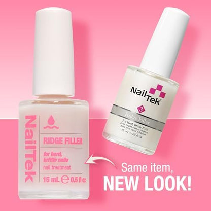 Side profile of Nail Tek ridge filler zero point five fluid ounce bottle illustrating clear liquid clarity