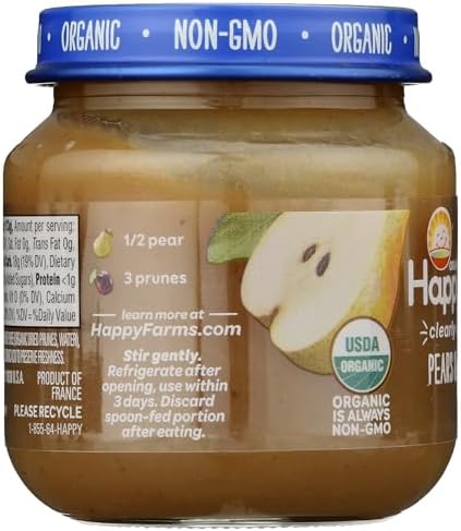 Side view of organic pear and prune baby food
