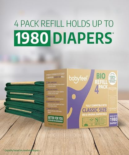 Packaging details of Babyfeel BIO refills highlighting compatibility with Dekor Classic pails.
