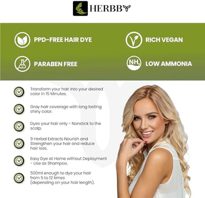 Imported HERBBY gray coverage shampoo bottle showcasing herbal ingredients