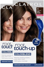 Clairol permanent root touch up box showing dark brown shade results and precision brush details