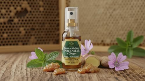 Close up of the non alcoholic propolis and ginger throat spray highlighting natural ingredients.