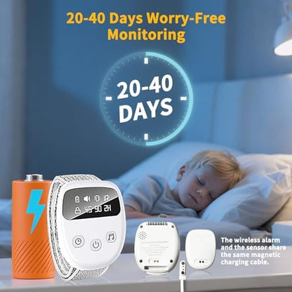 Wireless bedwetting monitor with sound and vibration alert modes including the user manual instructions