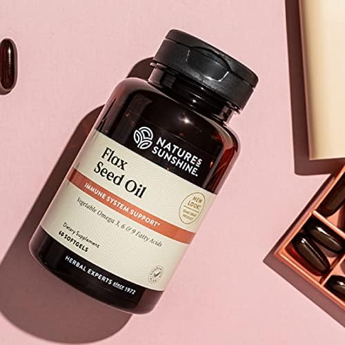 Nature's Sunshine heart healthy flaxseed capsules nutrition facts and ingredients label layout.