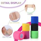 Assorted colorful self adherent tape rolls for ankle and wrist injury support compression.