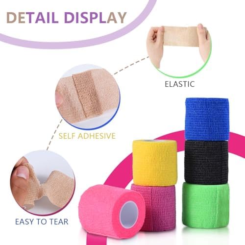 Assorted colorful self adherent tape rolls for ankle and wrist injury support compression.