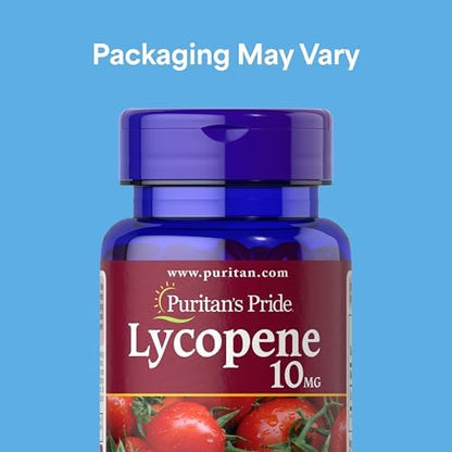 Puritan's Pride Lycopene 10mg packaging displaying ingredients label and daily dosage instructions.