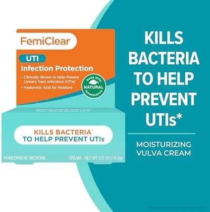 FemiClear feminine care cream tube showing natural ingredients and homeopathic label.