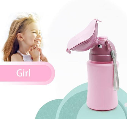 Child using portable travel urinal in car setting