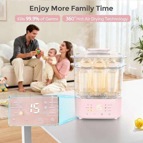 Momfann bottle sterilizer interior rack layout for baby bottles and pump parts