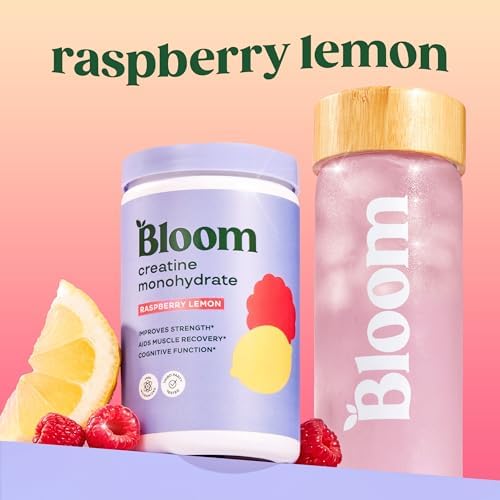 Bloom Nutrition creatine container showing serving size and product highlights