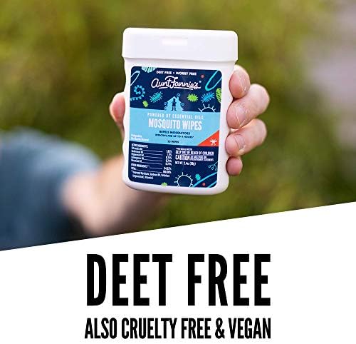 Close up of the plant based DEET free ingredients list on the back of Aunt Fannie's insect wipes.