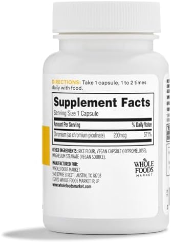 Side view of 365 by Whole Foods Market Chromium Picolinate supplement showing supplement facts list