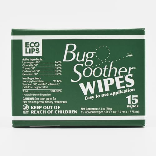 Back label of Bug Soother plant-based insect repellent wipes displaying essential oil active ingredients and usage directions.