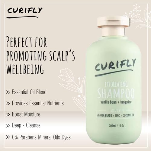 Back of Curifly exfoliating shampoo bottle with directions