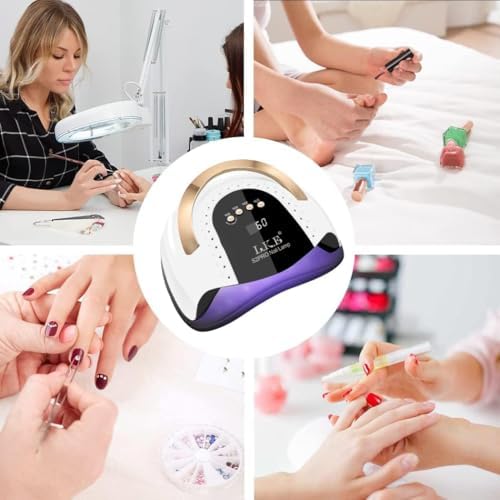 Lke nail lamp setup for home manicure with gel polish bottles