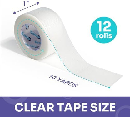Hypoallergenic and latex free clear medical adhesive tape packaging.