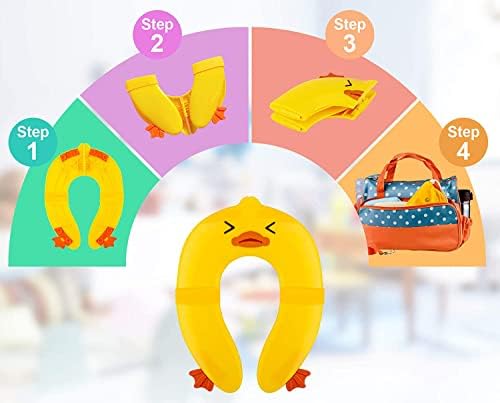 Yellow duck toddler toilet ring unfolded on a standard western commode