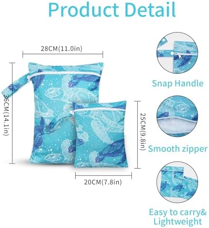 2 Pcs Wet Bags Waterproof Reusable Zippered Pocket Cloth Diaper Wet Dry Bags for Travel Beach Pool Swim, Baby Diapers,Gym Yoga Wet Clothes,Swimsuit,water wipes(Blue turtle) - Image 3
