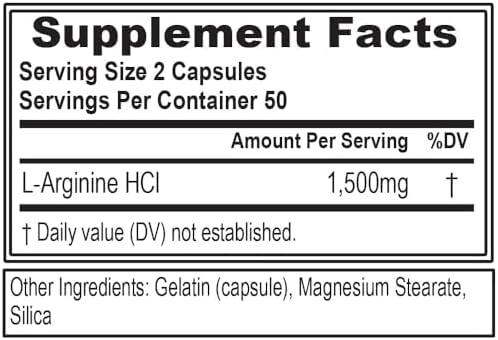 Bottle of Evlution Nutrition L-Arginine 1500 capsules label detail