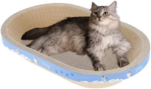 Ergonomic curved cat scratching pad showing high density corrugated cardboard texture