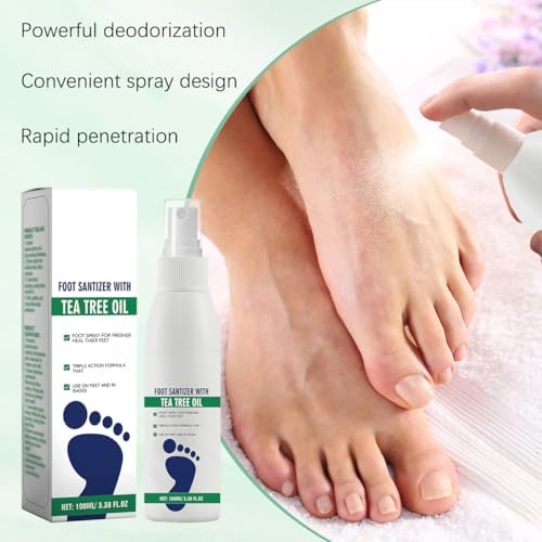 Quick-drying clear foot sanitizer mist in travel-friendly 100ml bottles.