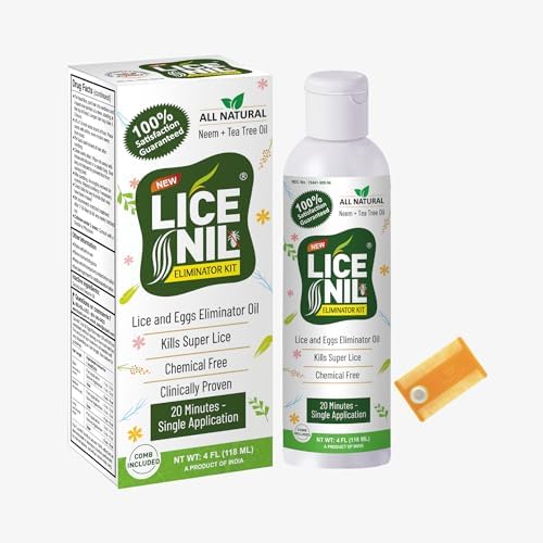 Lice-Nil 4 Fluid Ounce bottle showing neem and tea tree oil ingredients.