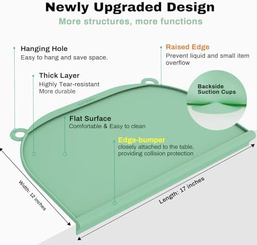 AUFORPET oversized toddler feeding mat laid flat on a dining table with plates and bowls.