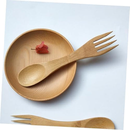 FRCOLOR chocolate colored bamboo spork being placed into a school lunch box to illustrate convenient portable travel use.