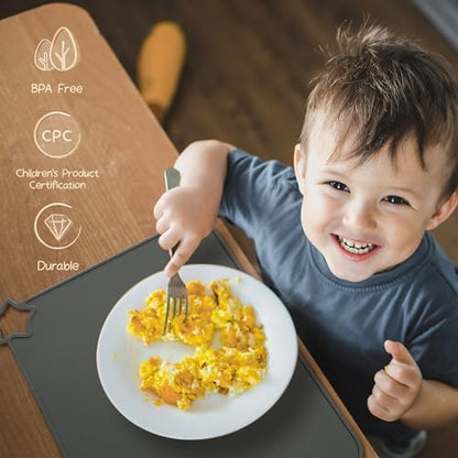 Moonkie toddler food mats rolled up inside the portable travel storage pouch.