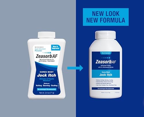 Multi-pack display of five Zeasorb AF antifungal 2.5 ounce bottles for long-term sweat and moisture control.