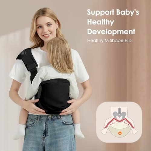 Ergonomic baby sling carrier position demonstrating correct weight distribution on the parent shoulder.