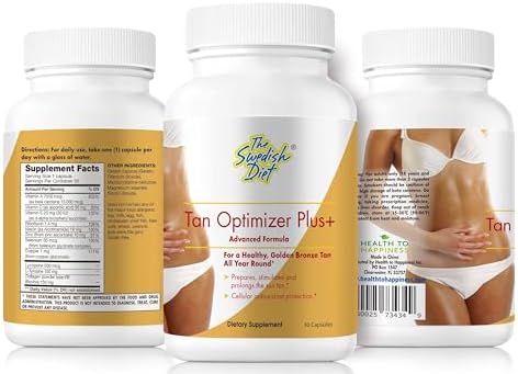 The Swedish Diet Tan Optimizer Plus supplement label details highlighting sugar free beta carotene formula