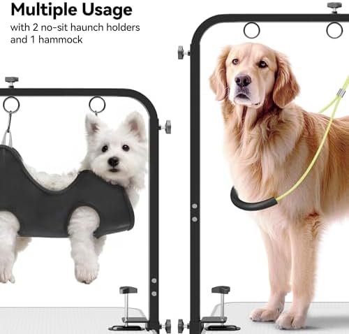 Pet grooming hammock and no-sit haunch restraints
