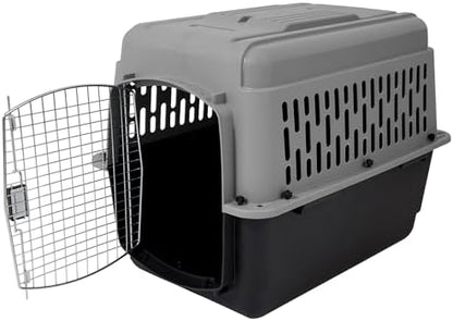 Petmate Aspen Pet travel crate side view displaying the grey plastic top hull and black base with side ventilation slots