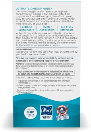Nordic Naturals Ultimate Omega 1120 milligrams easy to swallow mini softgels size comparison