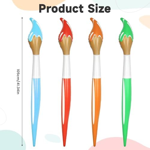 Four multi-colored oversized forty-one inch blow up paintbrush toys arranged together for school decorations.