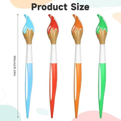 Four multi-colored oversized forty-one inch blow up paintbrush toys arranged together for school decorations.