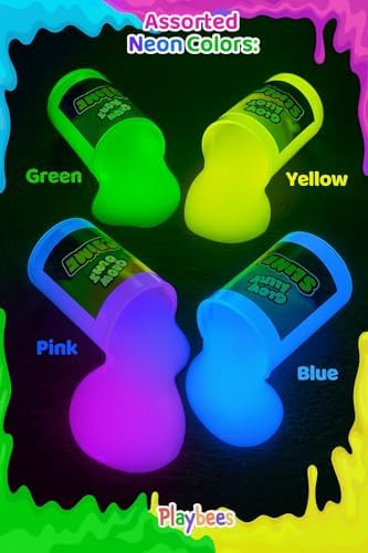 Neon blue green pink and yellow glowing putty containers