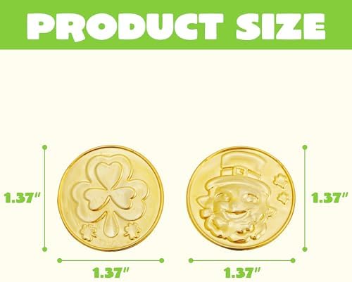 Close up view of durable festive plastic coins featuring pot of gold emblems