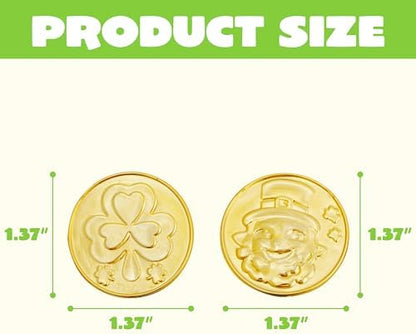 Close up view of durable festive plastic coins featuring pot of gold emblems