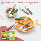 Toddler hand holding the DRKIO self feeding utensil demonstrating the comfortable kid friendly scale