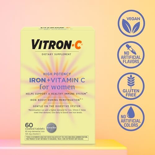 Vitron-C dietary supplement bottle featuring dye free and gluten free certification badges