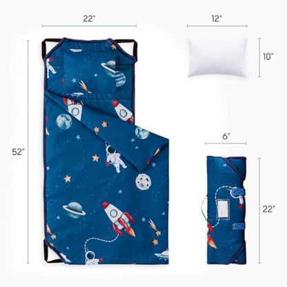Wake In Cloud kids sleeping mat rolled up with hook and loop straps and convenient carry handle