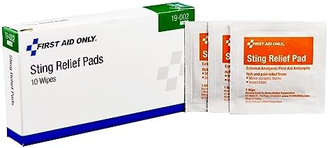 First Aid Only antiseptic and anesthetic wipes for rapid pain relief from bug stings.