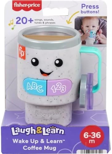 Fisher-Price electronic learning mug being held to demonstrate scale for infants.